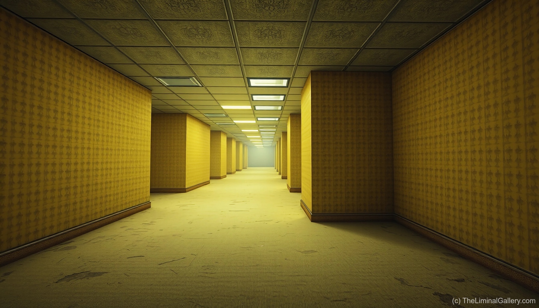 A surreal and empty corridor in Level 0, The Lobby, illuminated by harsh fluorescent lights, capturing the unsettling essence of liminal spaces.